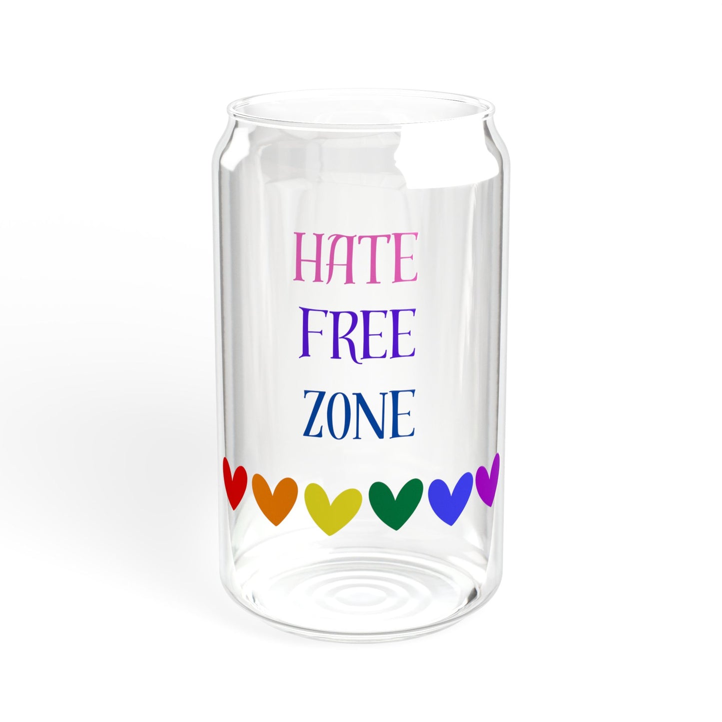 Hate Free Zone with hearts Sipper Glass, 16oz with or without lid and straw