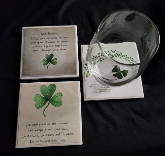Handcrafted set of 4 individual 4"x4” ceramic tile coasters featuring beach designs/uplifting messages. Sealed, durable, and perfect for everyday use/gifting.