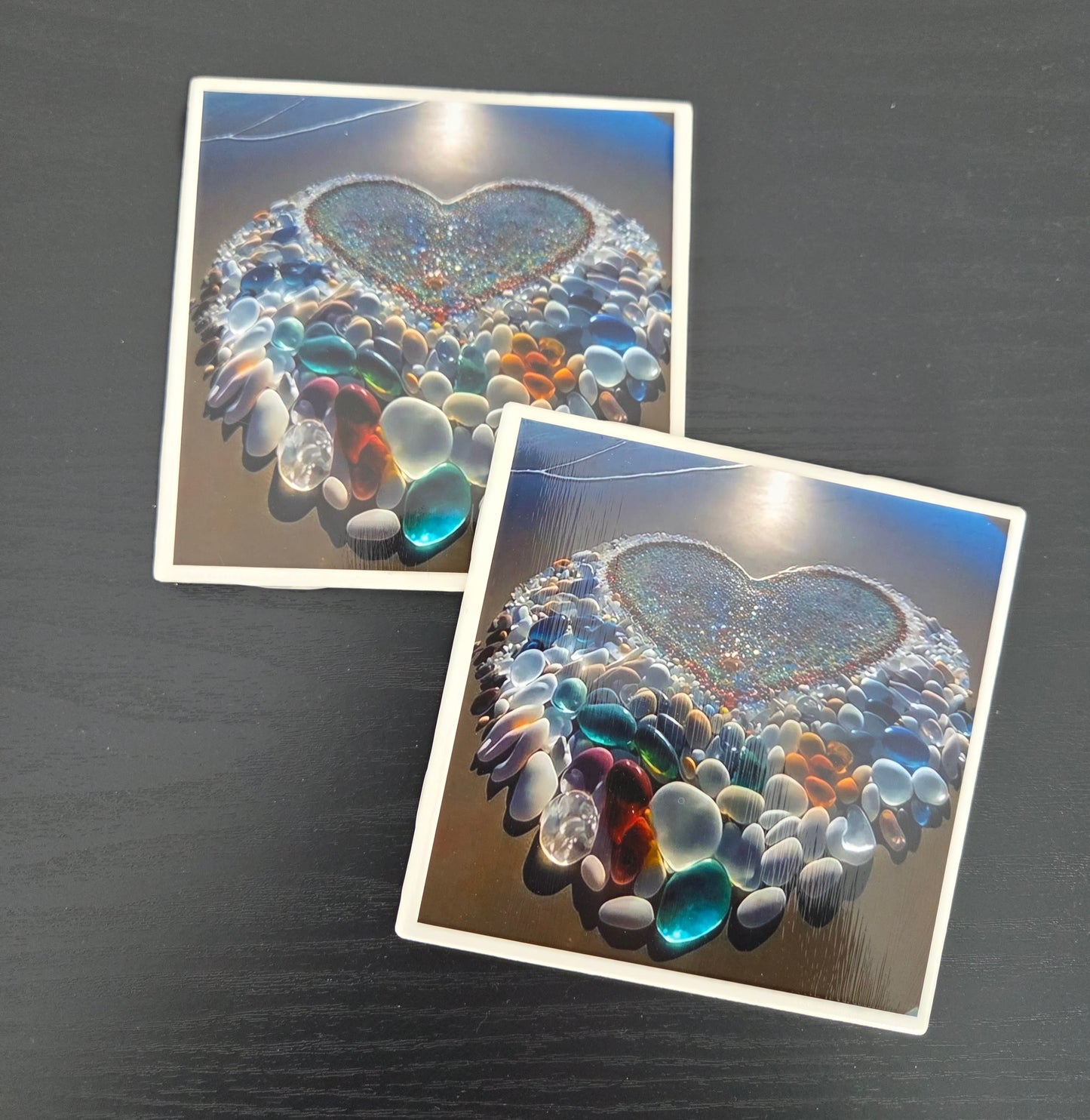 Handcrafted set of 4 individual 4"x4” ceramic tile coasters featuring beach designs/uplifting messages. Sealed, durable, and perfect for everyday use/gifting.