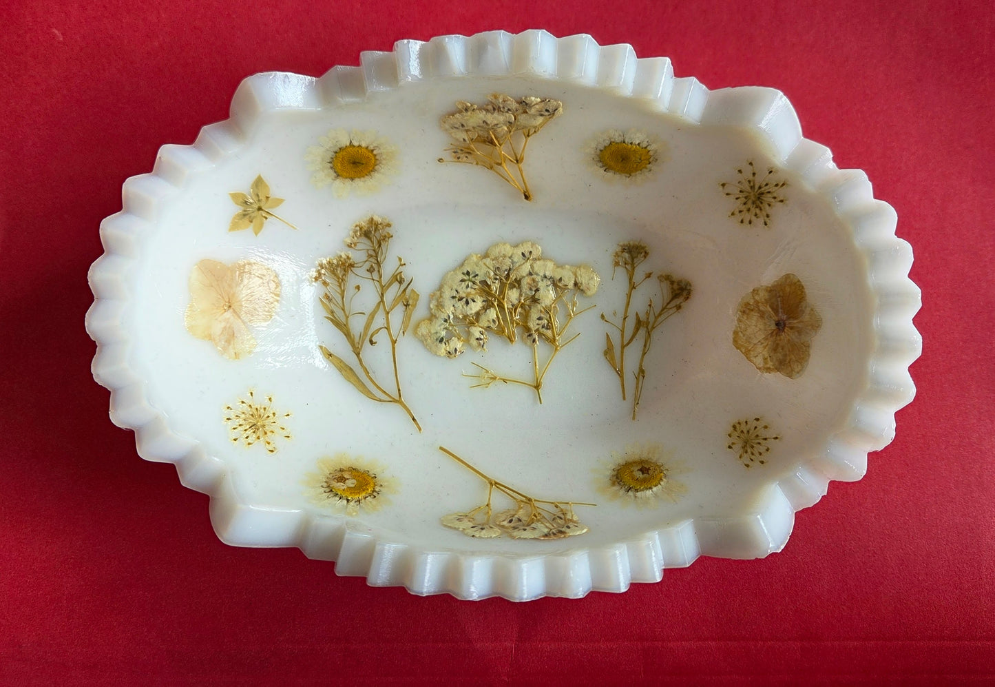 Vintage Milk Glass Pressed Flower Bowl – Handmade Botanical Trinket Dish – Cottagecore Floral Decor – One of a Kind Jewelry Bowl