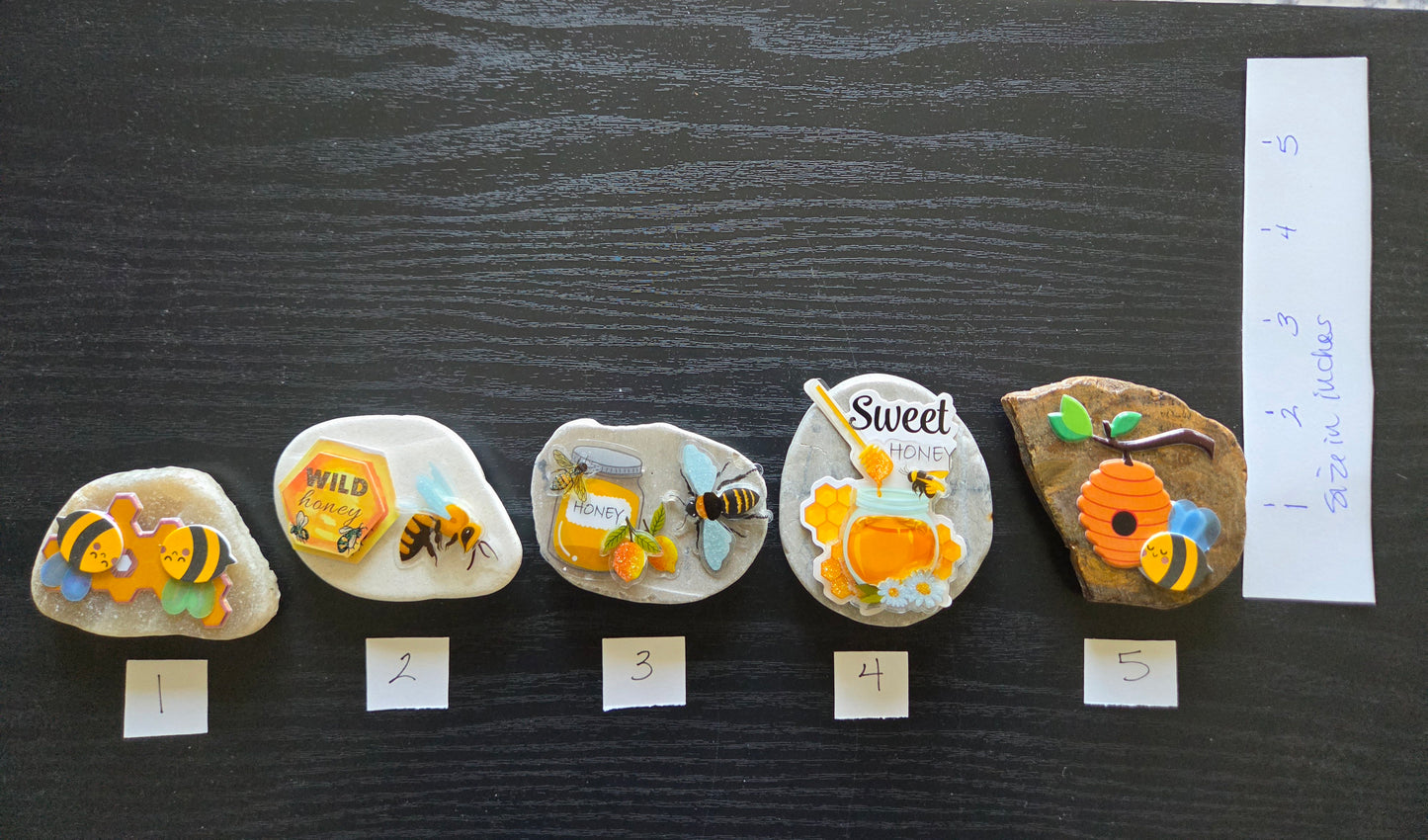 Handmade Bee & Honey Stone Tile Magnets – Choose Your Design – One-of-a-Kind Bumble Bee Refrigerator Magnets