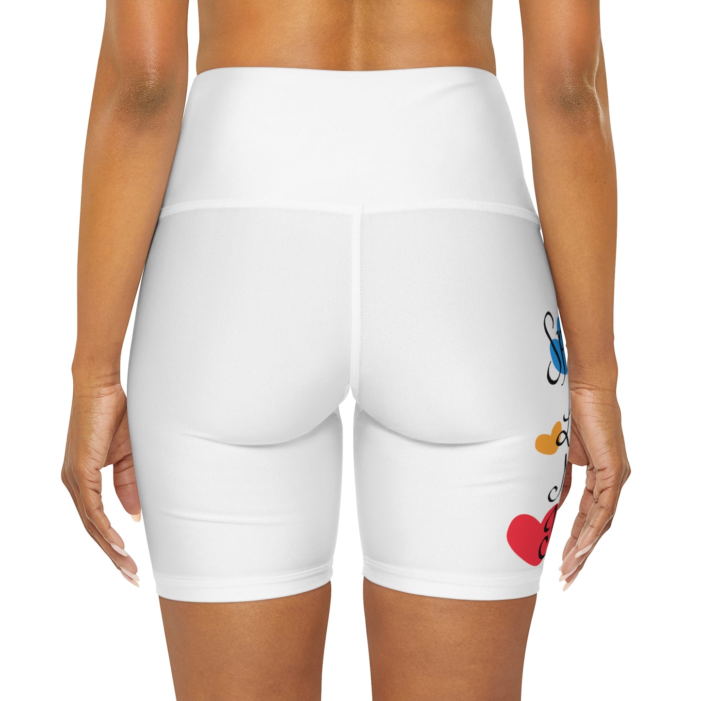 Spread love not hate High Waisted Yoga Shorts (AOP)