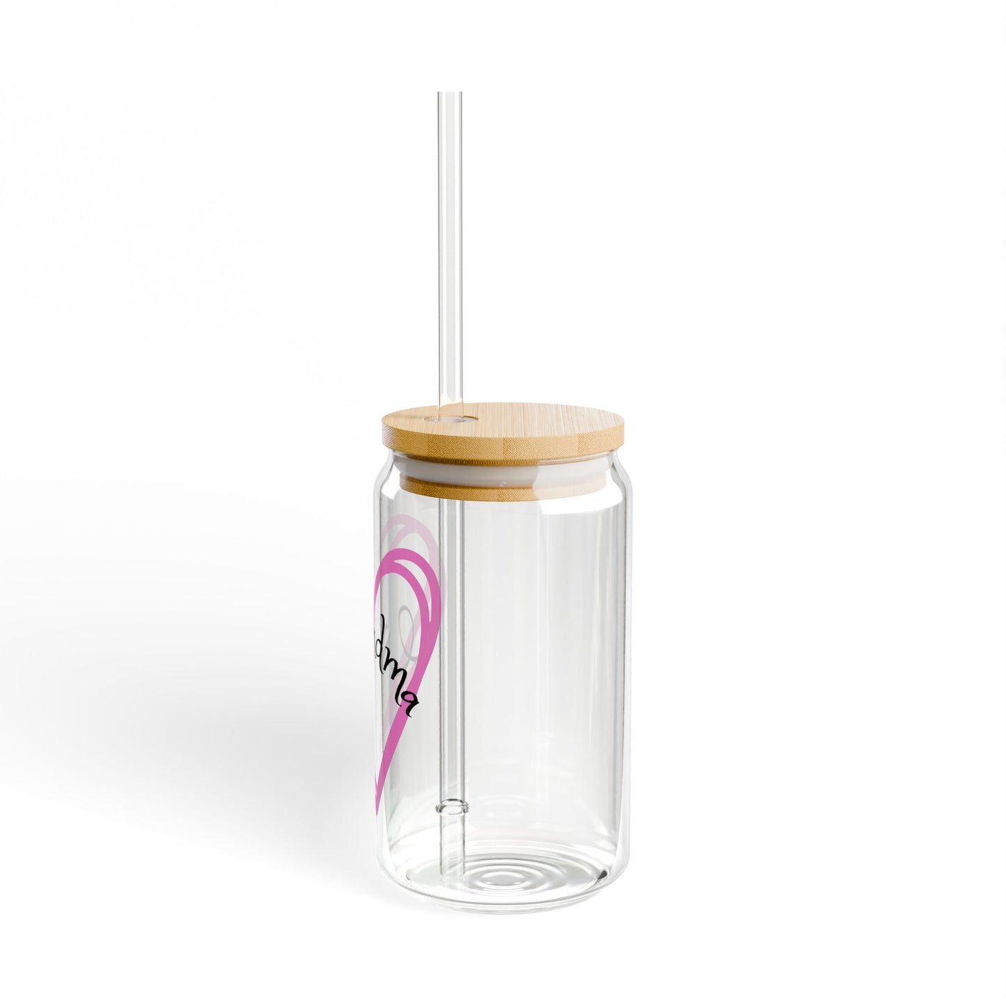 Grandma with pink heart Sipper Glass, 16oz with or without lid and straw