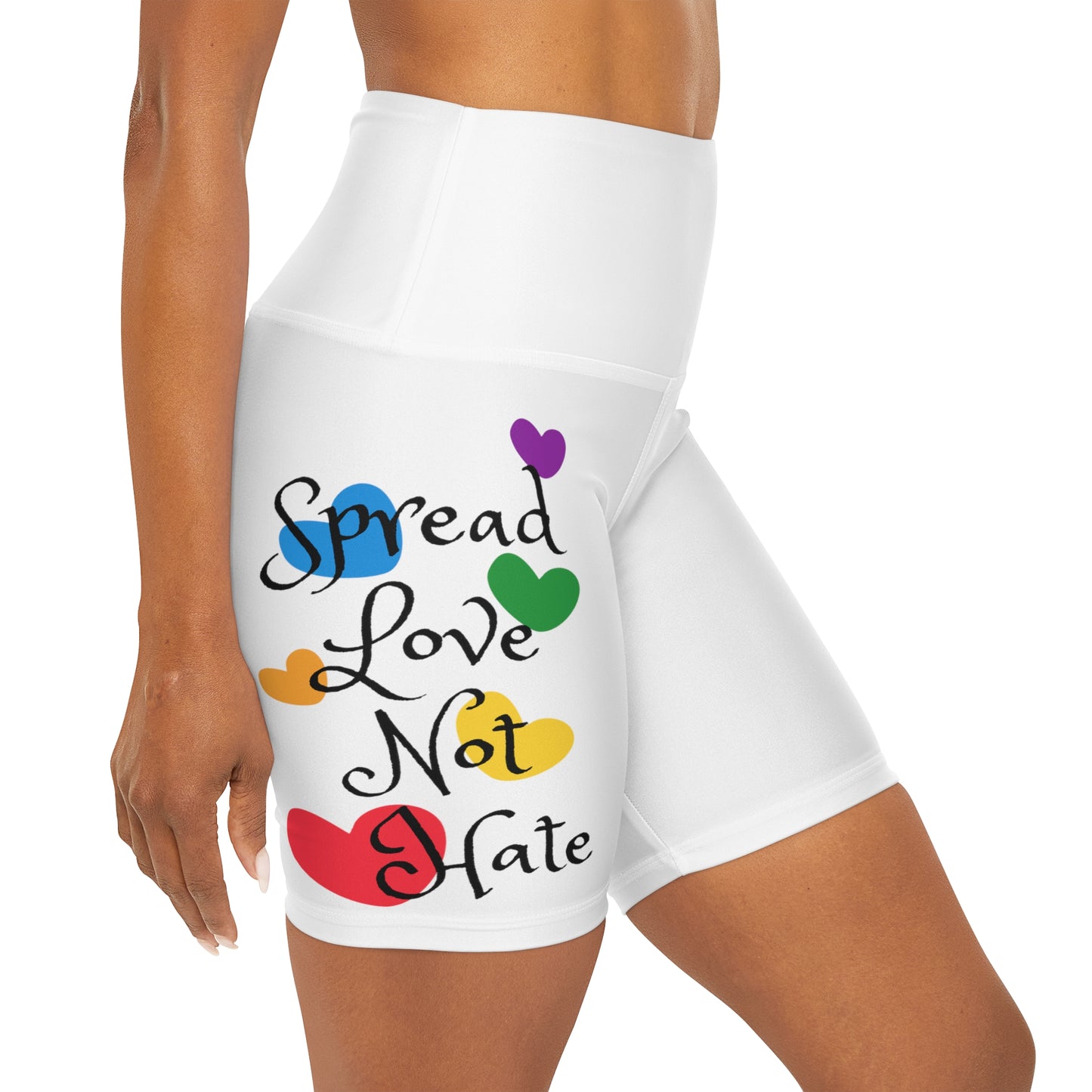 Spread love not hate High Waisted Yoga Shorts (AOP)